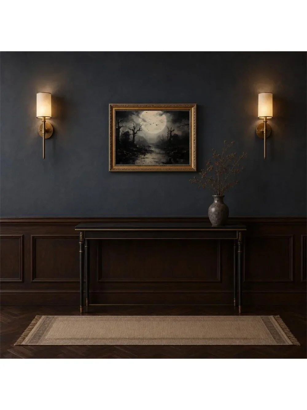 Moody Vintage Gold Framed Halloween Canvas Wall Art Print Decor